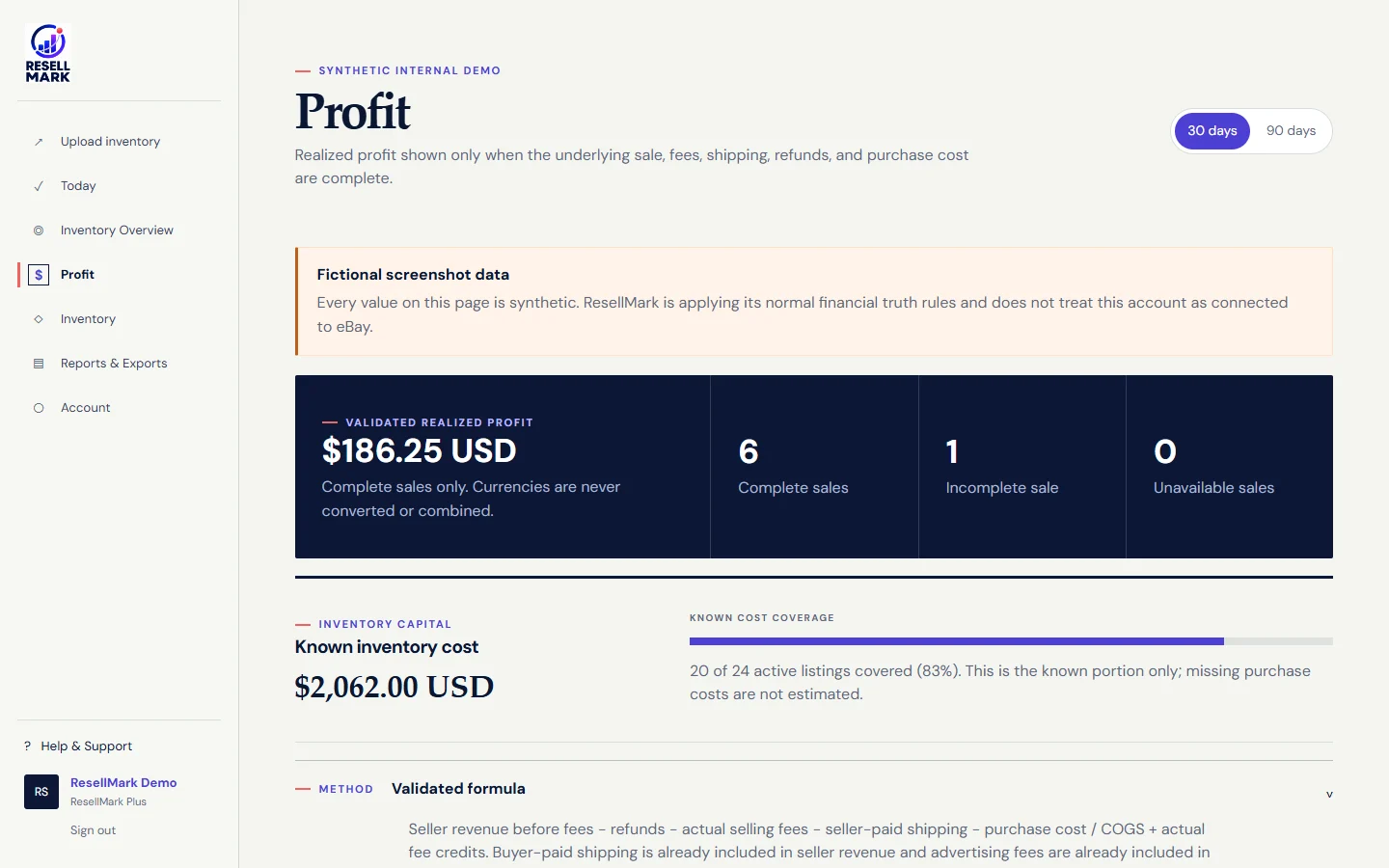 ResellMark Profit screen using clearly labelled fictional demonstration data